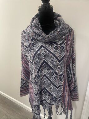 Free People Cowl Neck Patterned Poncho - Navy, Gray & Pink